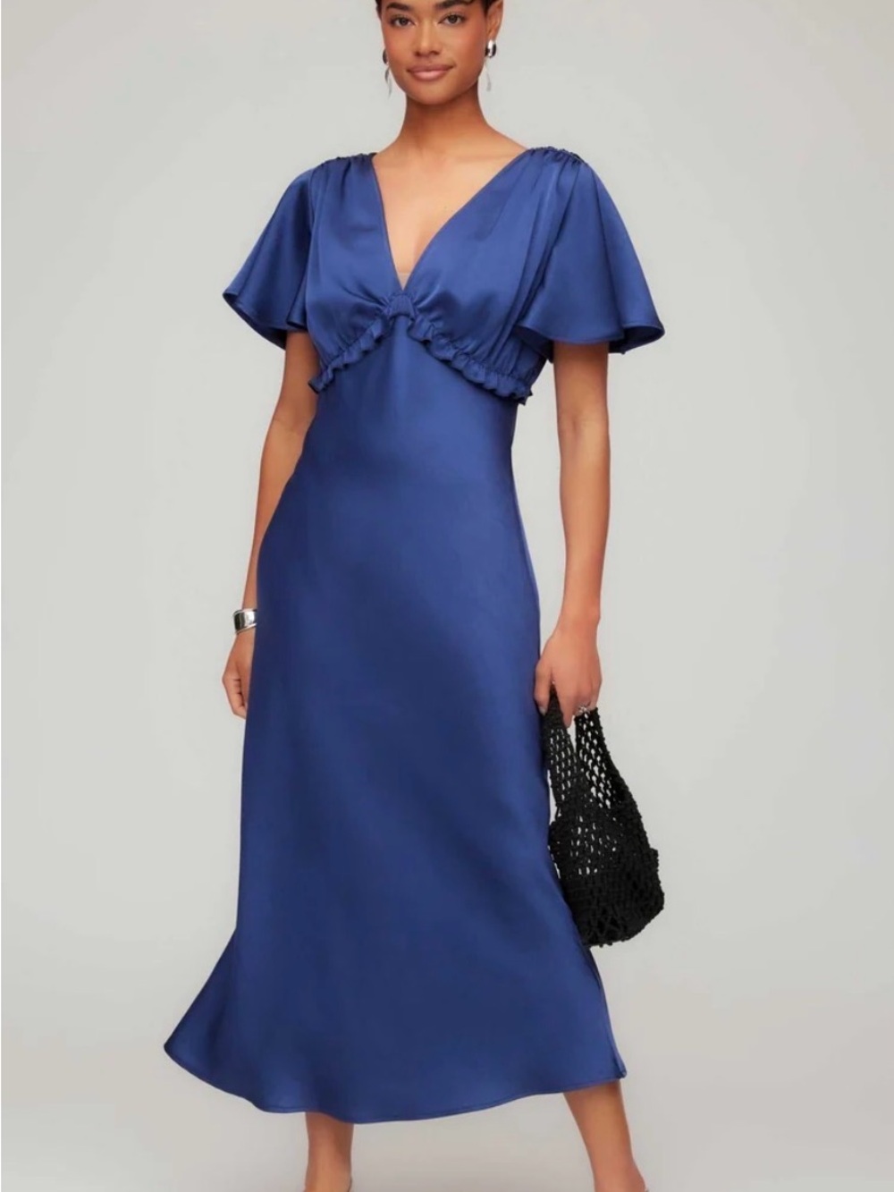 Fifteen Twenty Satin V-Neck Midi Dress in Royal Blue. Size M